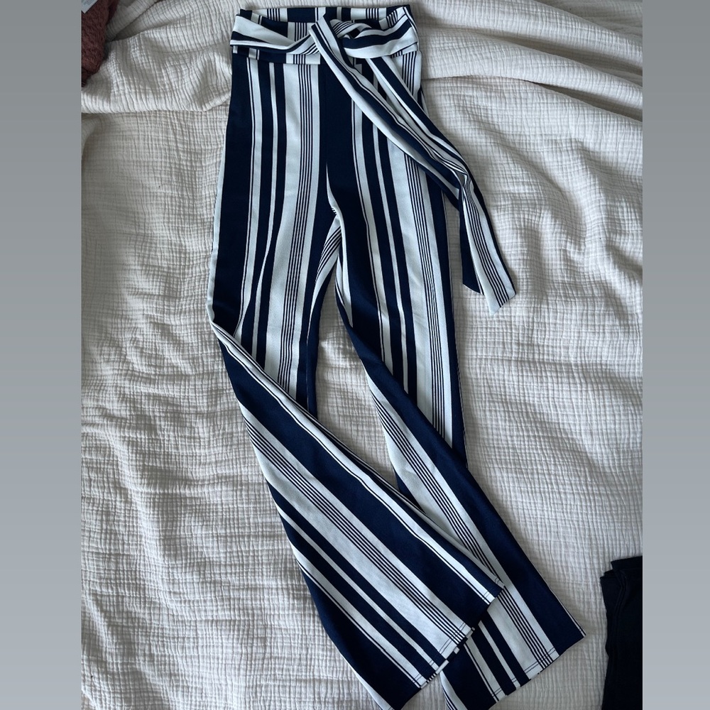 Navy blue & white trousers, high waisted with tie at waist